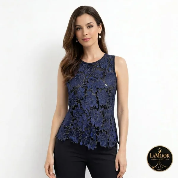 Navy Guipure Lace Sleeveless Top with Black Trousers
