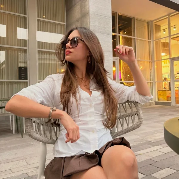Pleated Brown Mini Skirt and White Button-Up