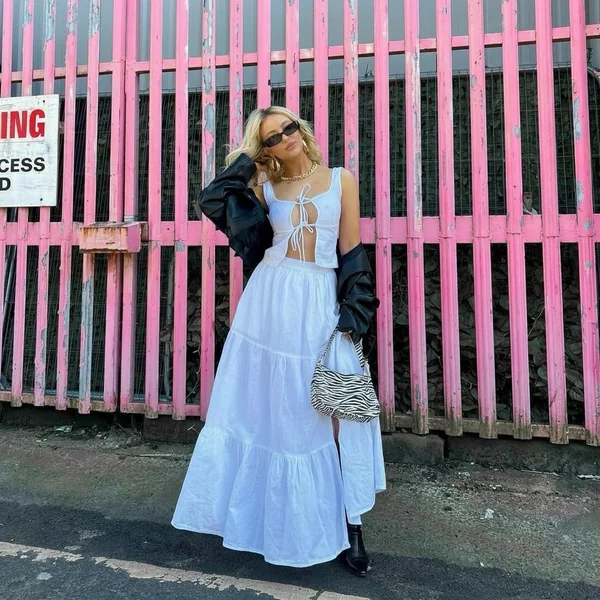 Tiered White Maxi Skirt with Edgy Leather Accents