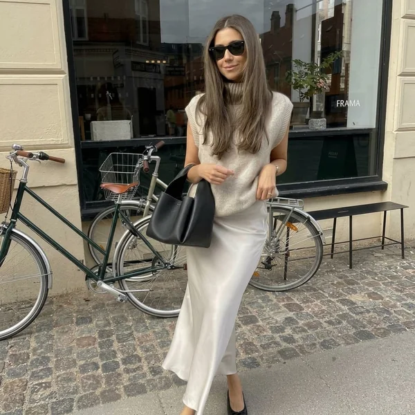 Sleeveless Knit and White Satin Skirt