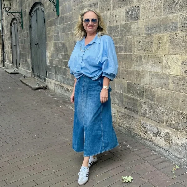 A-Line Denim Maxi Skirt with Oversized Button-Down