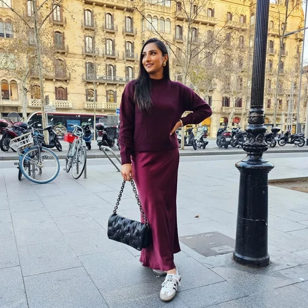 Plum Satin Maxi Skirt with Matching Mock-Neck Sweater