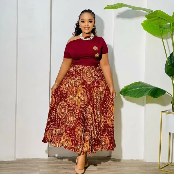 Patterned Burgundy Pleated Maxi