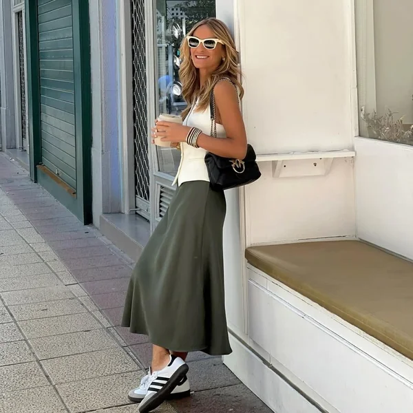 Olive Satin Maxi & Tailored Vest