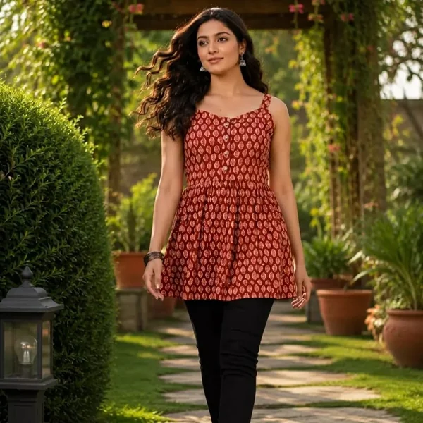 Terracotta Printed Peplum and Slim-Fit Trousers