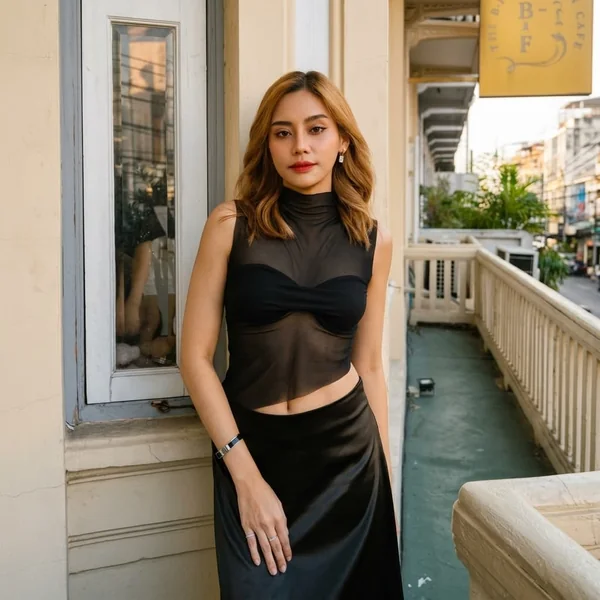 Asymmetric Black Mesh Tank with Satin Skirt