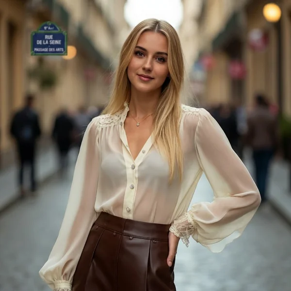 Sheer Chiffon Blouse and Leather Brown Mini Skirt
