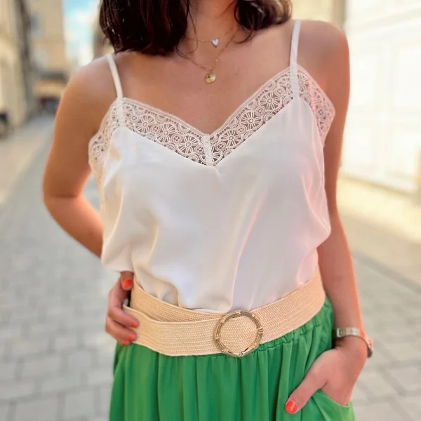 Lace-Trimmed White Satin Cami