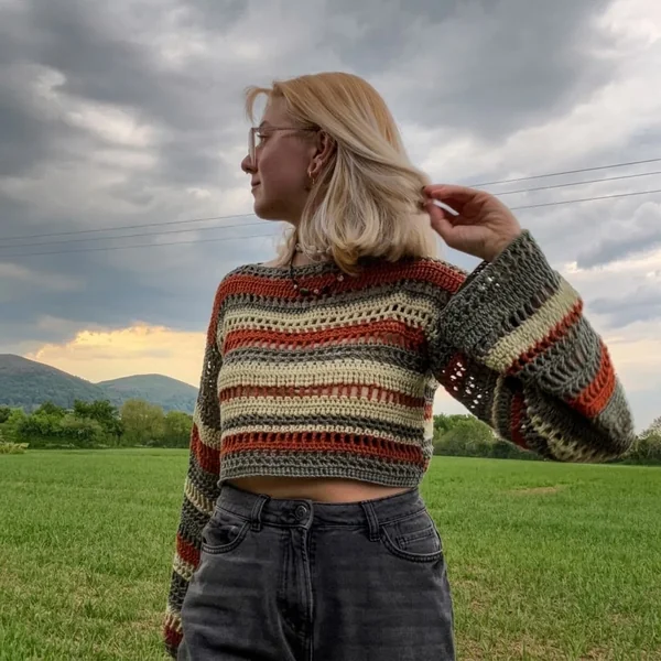 Earthy Striped Crochet Mesh Crop Top