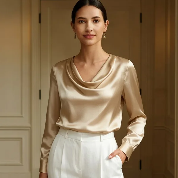 Elegant Champagne Cowl Neck Blouse