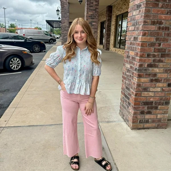 Smocked Floral Blouse and Pink Denim