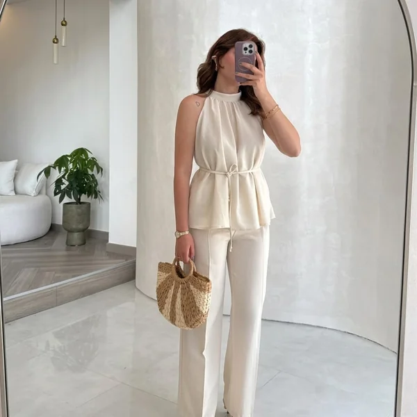 Cream Belted Halter Top with Tailored Trousers
