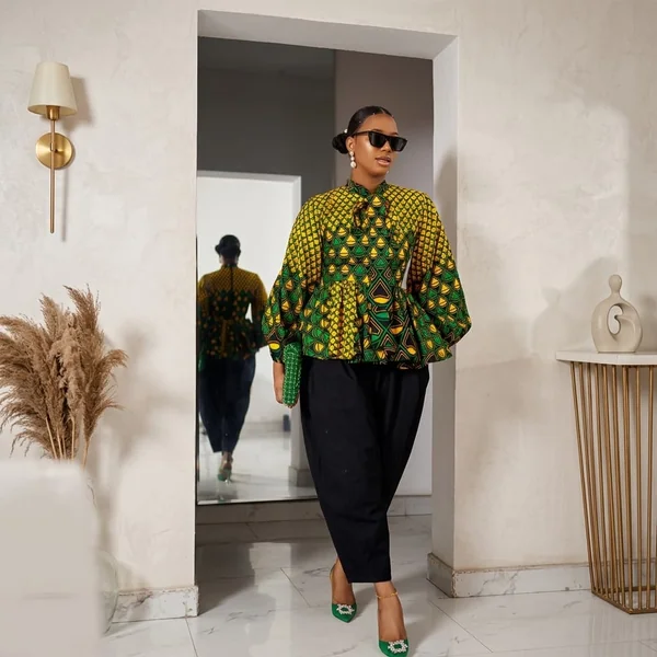 High-Neck Balloon-Sleeve Ankara Peplum Top