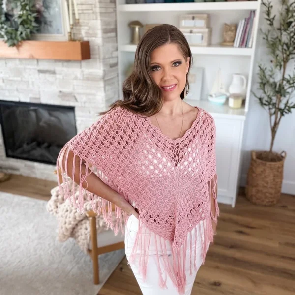 Dusty Pink Fringed Crochet Poncho Top
