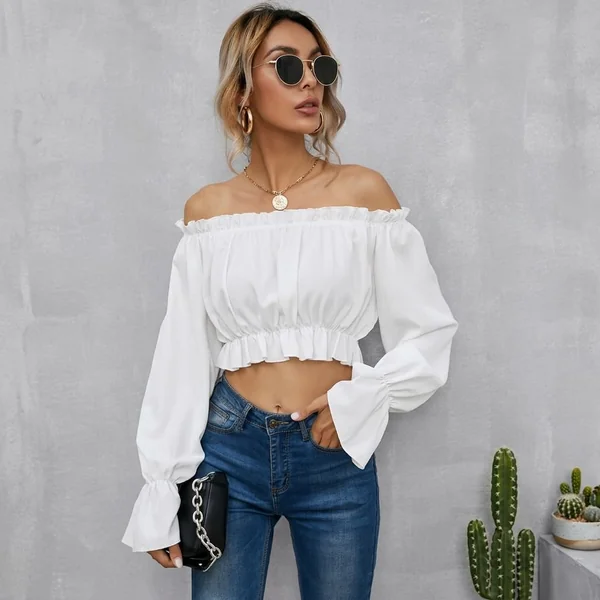 Off-Shoulder Frill White Crop Blouse