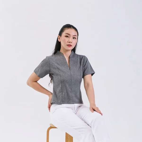 Zip-Front Structured Blouse & White Trousers