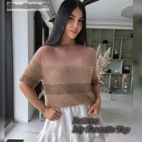 Sequin-Accented Short-Sleeve Fuzzy Knit Top