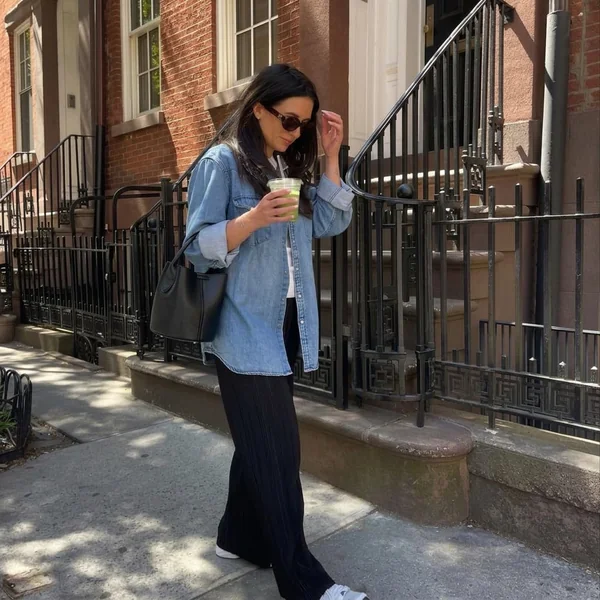 Oversized Denim Shirt with Plissé Wide-Leg Pants
