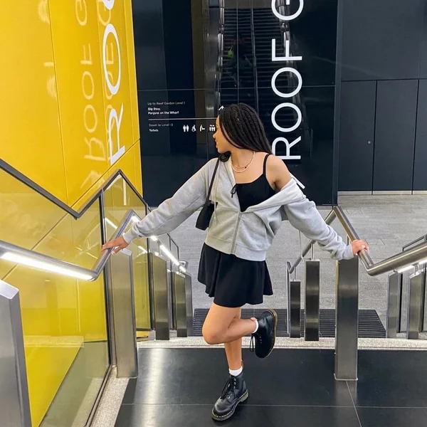 Oversized Grey Zip Hoodie and Black Cami Mini Dress