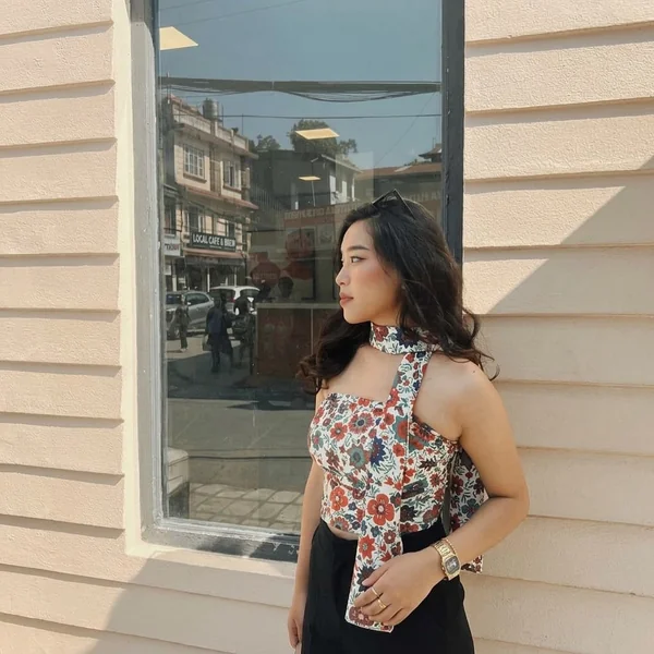 Floral Scarf-Neck Halter Top with Black Trousers