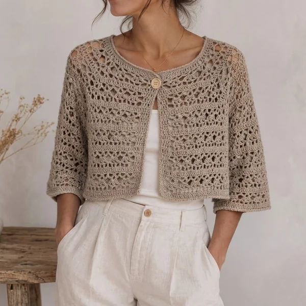 Neutral Cropped Crochet Cardigan
