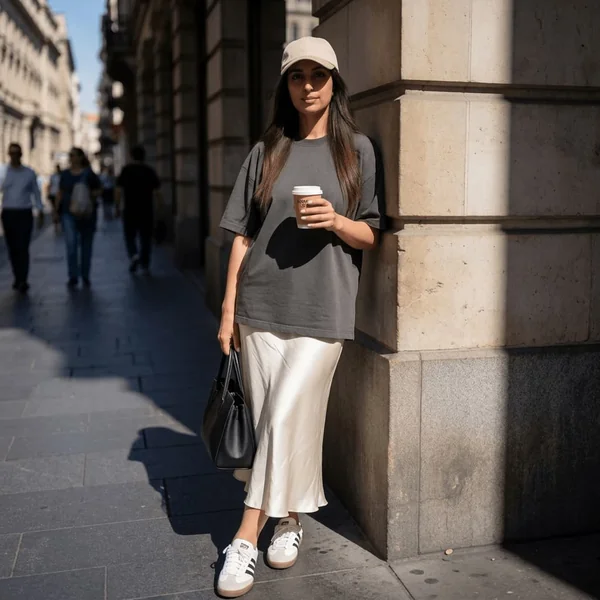 Oversized Charcoal Tee with Silk Midi Skirt