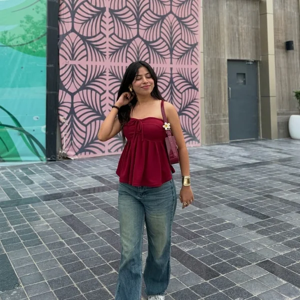 Maroon Babydoll Top and Wide-Leg Denim