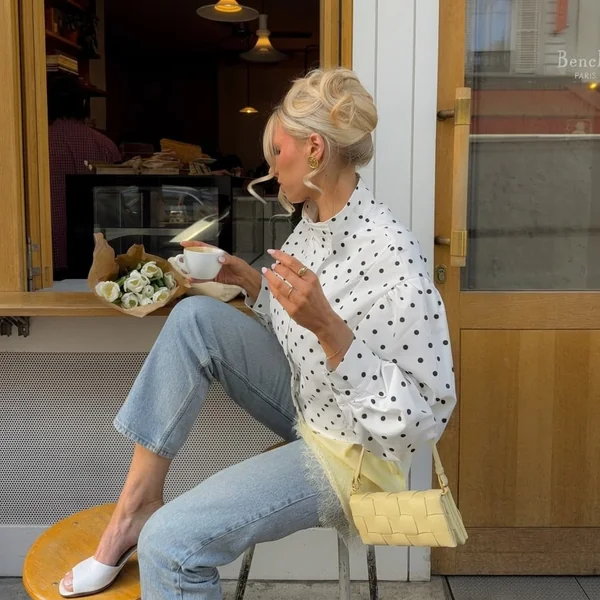 High-Neck Puff-Sleeve Polka Dot Blouse