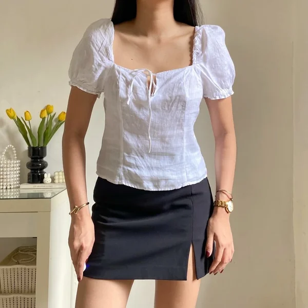 White Tie-Front Square Neck Top