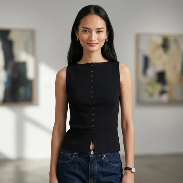 Button-Up Black High-Neck Tank