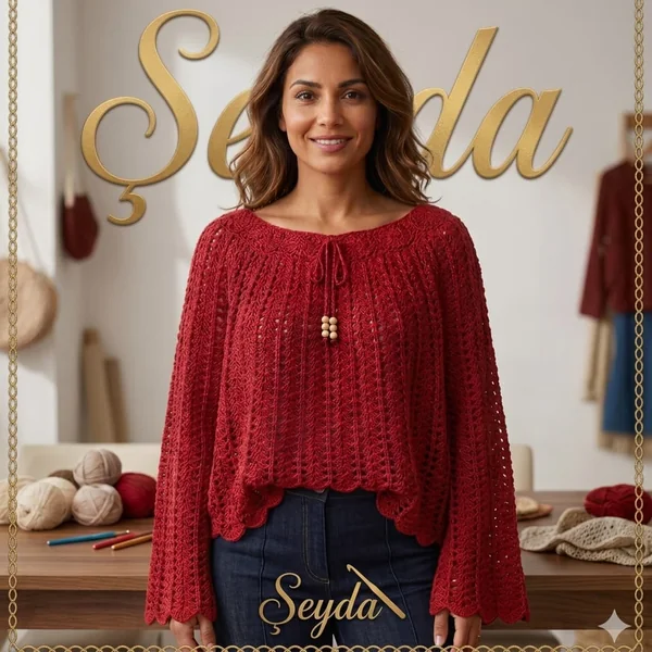 Crimson Beaded Tie-Neck Crochet Top