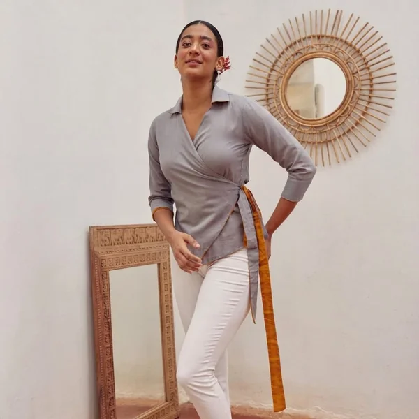 Contrast Wrap Blouse & White Pants