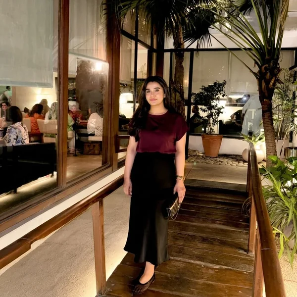 Burgundy Silk Top & Black Midi Skirt