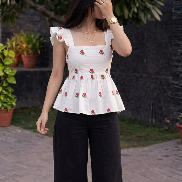 Embroidered Peplum Top and Wide-Leg Pants