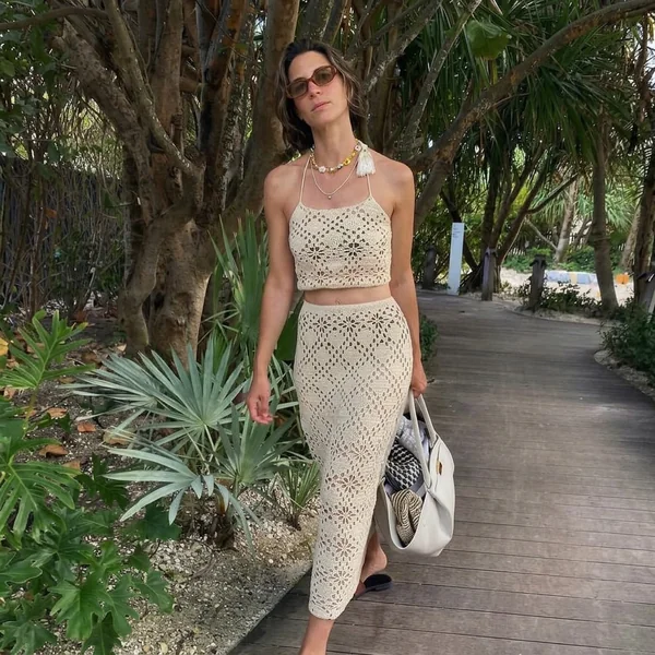 Cream Halter Crochet Crop Top and Skirt Set