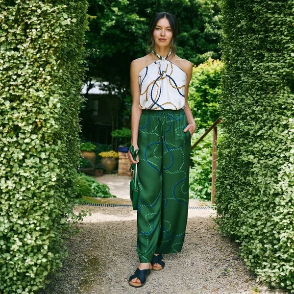 Nautical Halter Scarf Top with Silk Wide-Leg Trousers