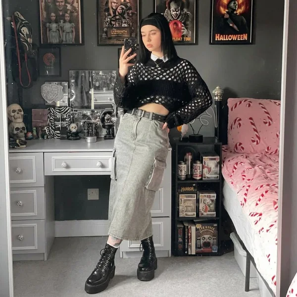 Grey Denim Cargo Maxi & Distressed Knit