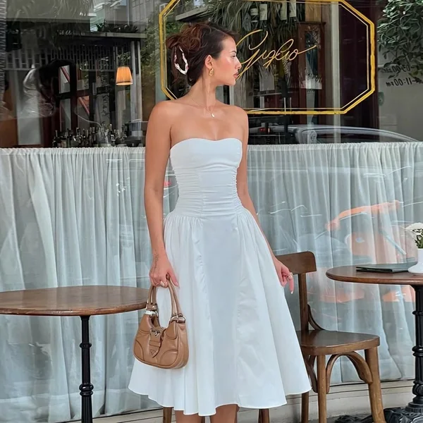 Ruched White Strapless Midi Dress