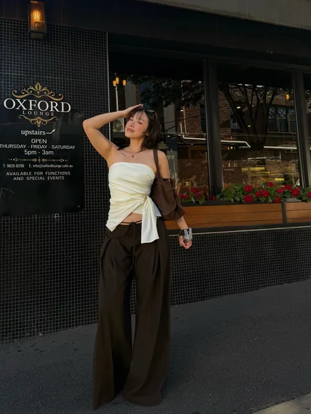 Draped Cream Bustier & Wide-Leg Trousers