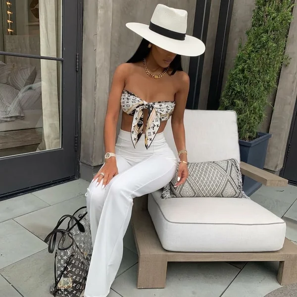 Printed Scarf Bandeau Top with High-Waisted Pants