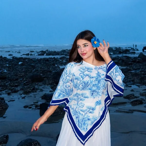 Blue Porcelain Print Kaftan Maxi Dress