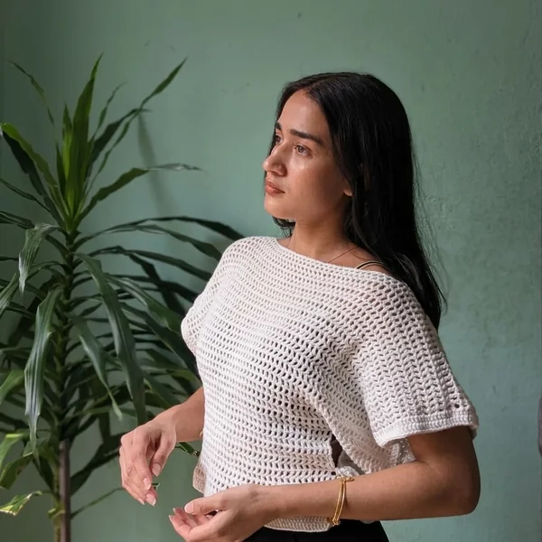 White Short-Sleeve Crochet Mesh Top