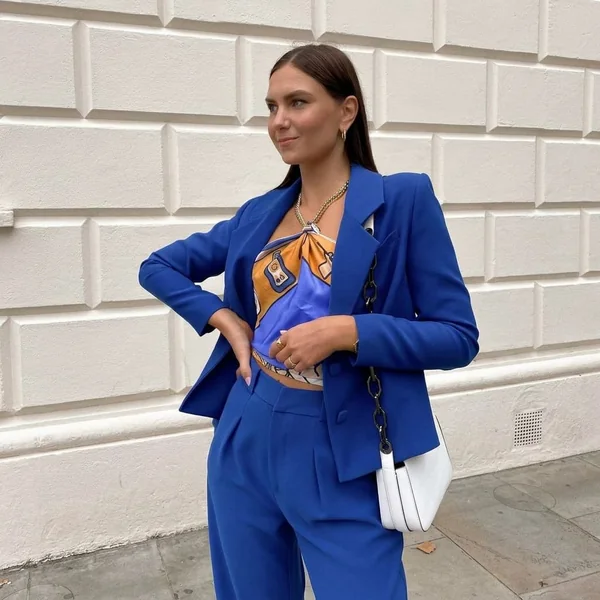 Cobalt Blue Power Suit with Graphic Scarf Top