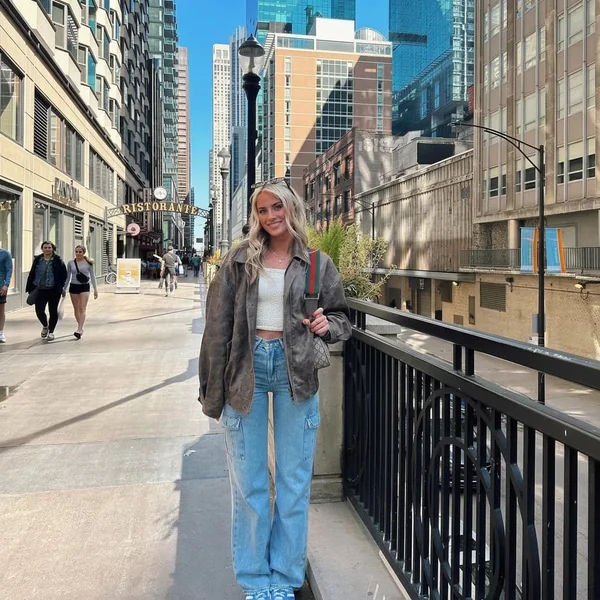 Distressed Brown Jacket with High-Waisted Cargo Jeans