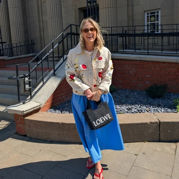 Floral Jacket with Blue Midi Skirt