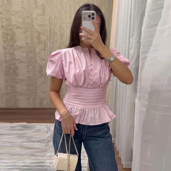 Ruched Pink Peplum Top and Denim