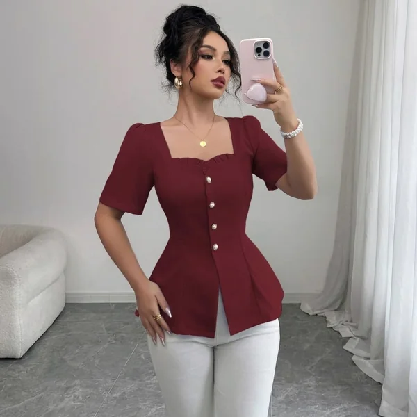 Burgundy Ruffle-Trim Square Neck Peplum Top