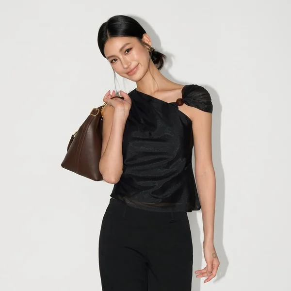Shimmering Black One-Shoulder Satin Top