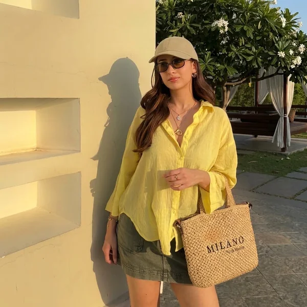 Yellow Linen Shirt and Olive Utility Skirt