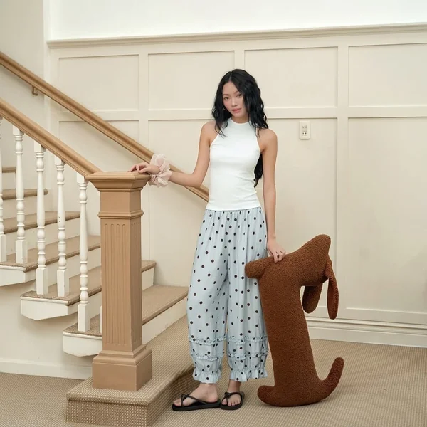 White Halter Tank and Polka-Dot Loungewear Pants